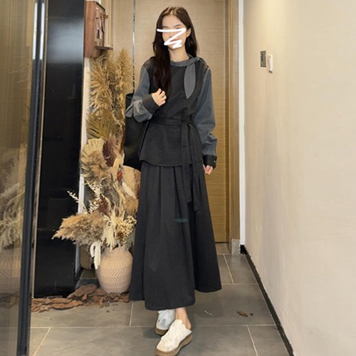 세련된 벨티드 티셔츠&A라인 롱 스커트 2SET [쿠폰 적용 제외] 