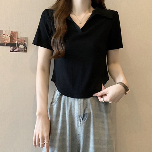 오픈 카라 크롭 반팔 티셔츠