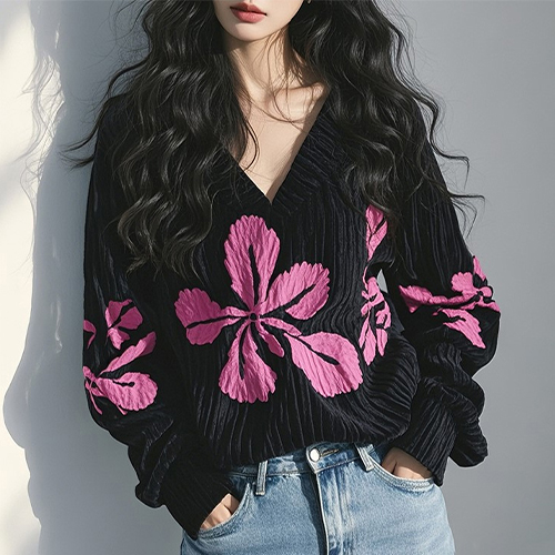 브이넥 핑크플라워 긴팔티