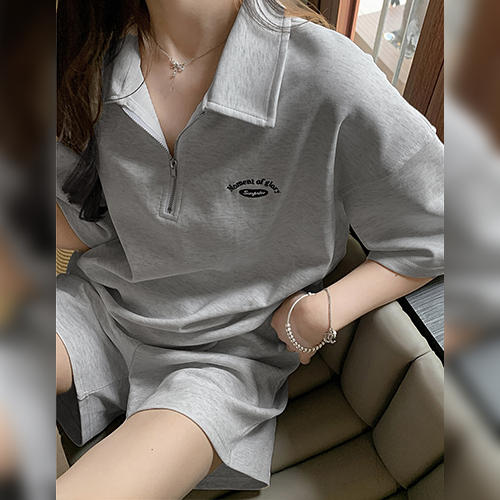 반집업 반팔 카라 티셔츠&밴딩 숏팬츠 2SET