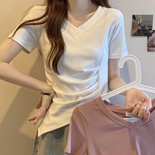 언발 옆셔링 브이넥 반팔티