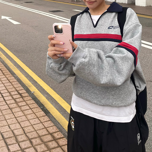 배색카라 기모 맨투맨 티셔츠