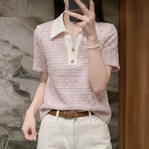 로맨틱 트위드 배색 카라 티셔츠