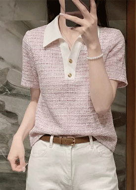 로맨틱 트위드 배색 카라 티셔츠