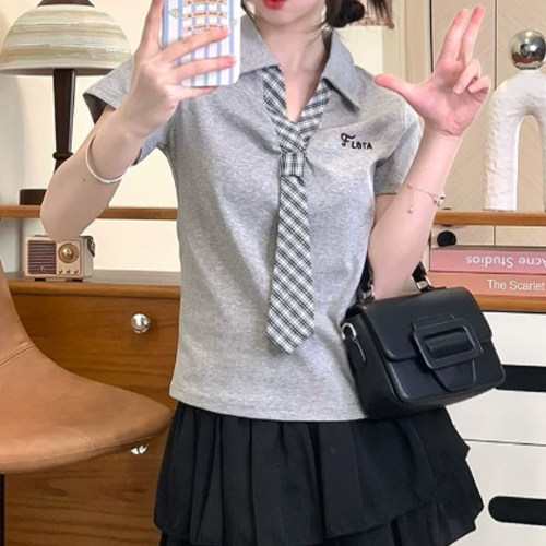 프레피 체크 타이 카라 티셔츠