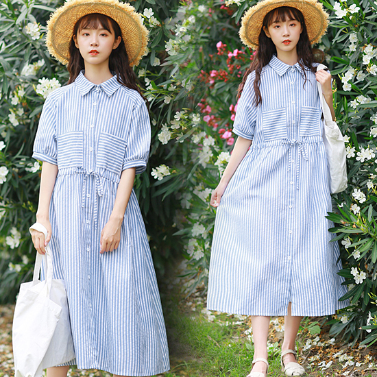 카라 스트라이프 스트링 원피스[OP#6566]