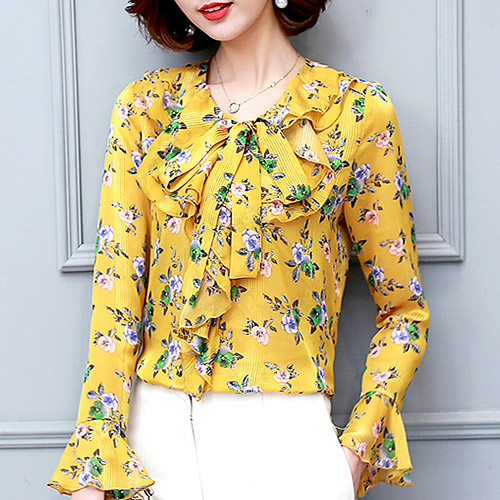 ◈[당일발송]리본 셔링 플라워 패턴 블라우스