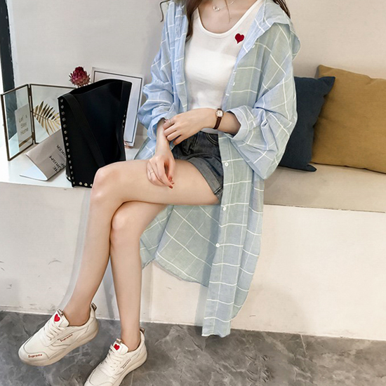 체크 패턴 후드 롱 셔츠 점퍼