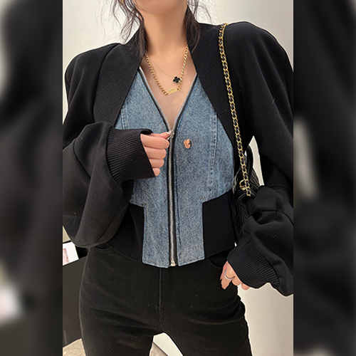 데님 레이어 볼레로 집업 점퍼