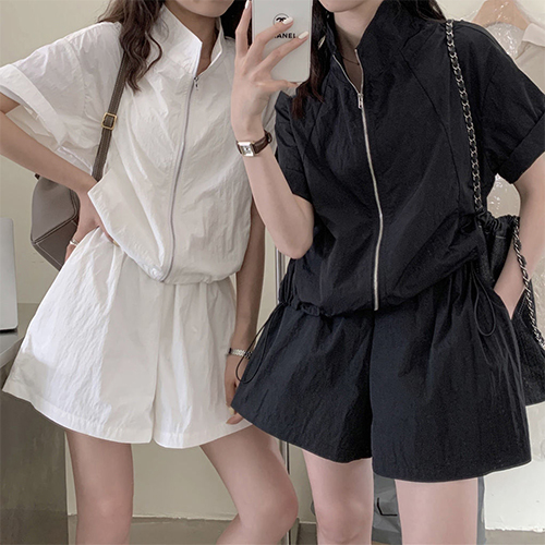 바스락 반팔 집업 점퍼&밴딩 숏팬츠 2SET