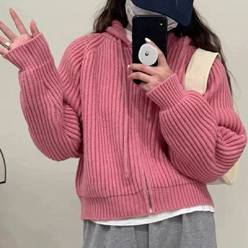 니트 크롭 후드 집업