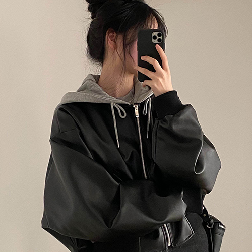 레이어드 후드 레더 점퍼