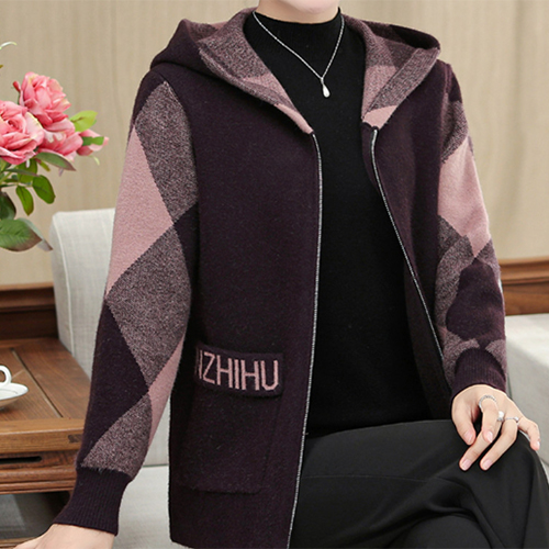 체크 포인트 니트 후드 집업