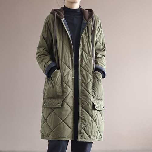 웰론 누빔 후드 롱 점퍼