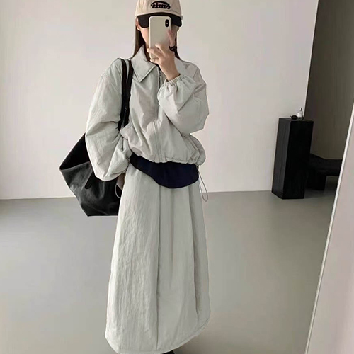 패딩 카라 점퍼&밴딩 롱 스커트 2SET