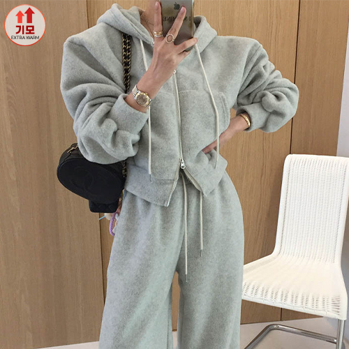 ◈[당일발송] 루즈핏 크롭 후드 집업&와이드 트레이닝 팬츠 SET