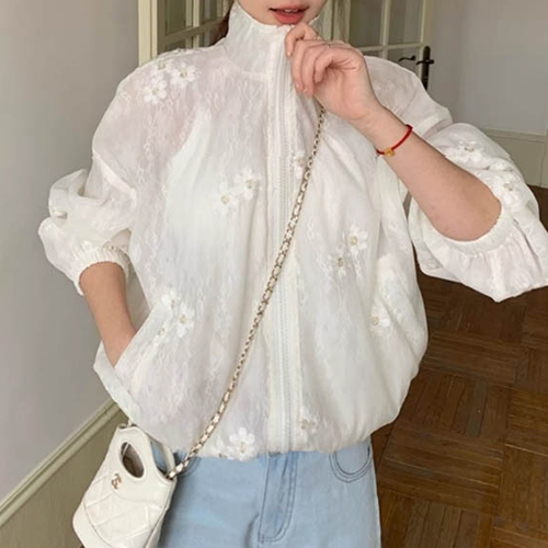 로맨틱 플라워 시스루 하이넥 여름 점퍼