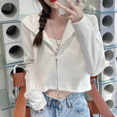 데일리 무지 크롭 후드 집업