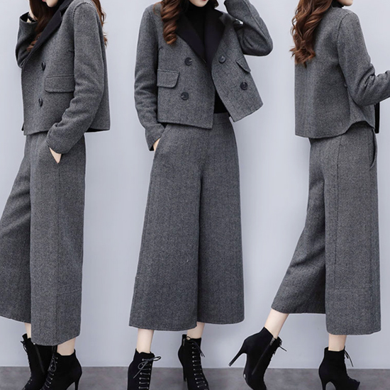 ◈[당일발송]블랙카라 헤링본 더블버튼 자켓+와이드 헤링본 팬츠 세트