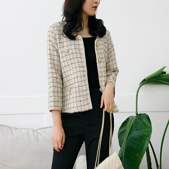 샤이닝 트위드 논카라 자켓 