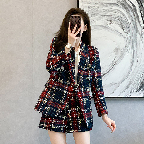 [재입고] 체크 더블 버튼 자켓+숏팬츠 세트