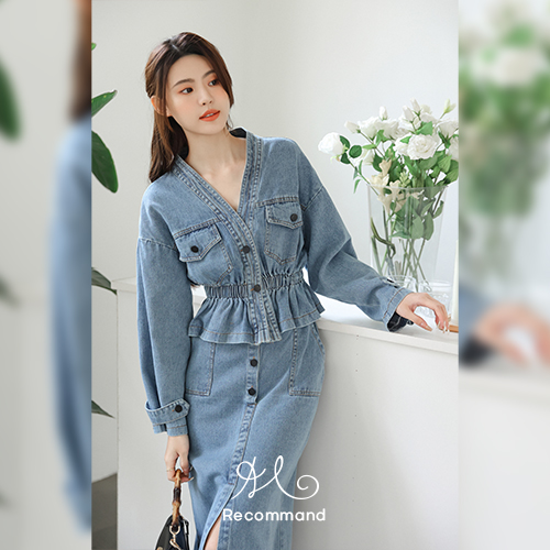 ★2SET 39900원! 자정마감★◈[당일발송]  셔링 롱스커트 데님 투피스