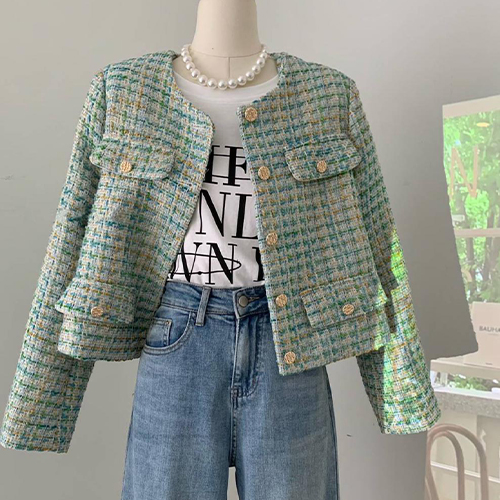 노카라 금장버튼 라운드 트위드자켓