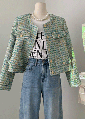 노카라 금장버튼 라운드 트위드자켓