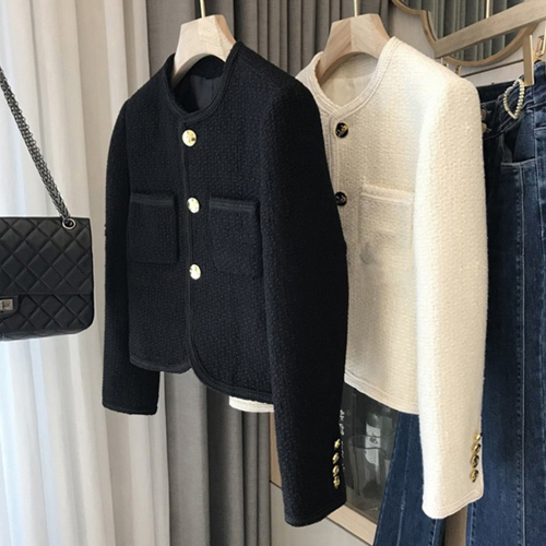 [당일발송] ★일요특가★투포켓 라인골드버튼 노카라 트위드자켓