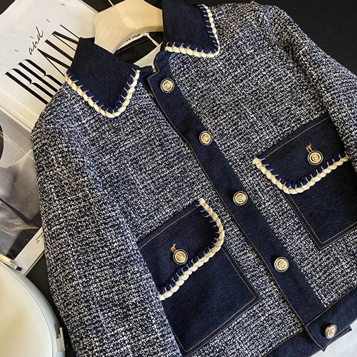 ◈[당일발송] 금장 단추 배색 카라 트위드 자켓