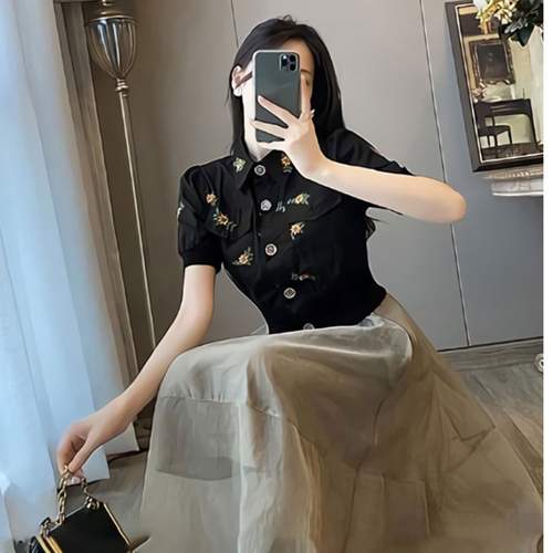 ◈[당일발송] 플라워 카라 크롭 자켓+A라인 베이직 스커트 세트