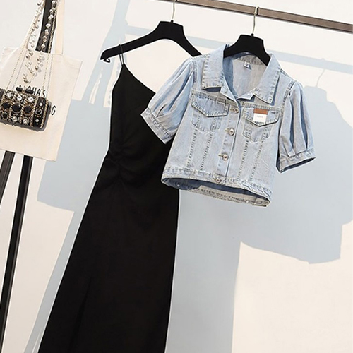 ◈[당일발송] ★수요특가 자정마감 50%★퍼프 카라 청자켓+심플 이너 나시 원피스