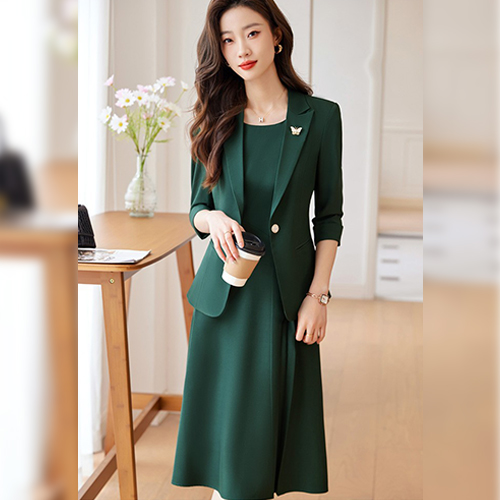 ◈[당일발송] 심플 원버튼 정장 자켓+핀턱 원피스 2SET