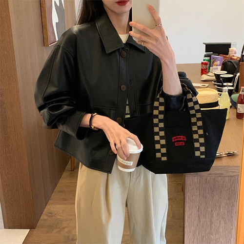 ◈[당일발송] 루즈핏 버튼 카라 레더 자켓