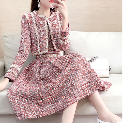 ◈[당일발송] 트위드 진주 원피스+노카라 자켓 세트