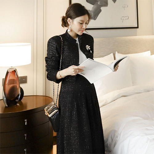 [당일발송]블랙 트위드 숏 자켓+루즈핏 A라인 플레어 스커트 2SET