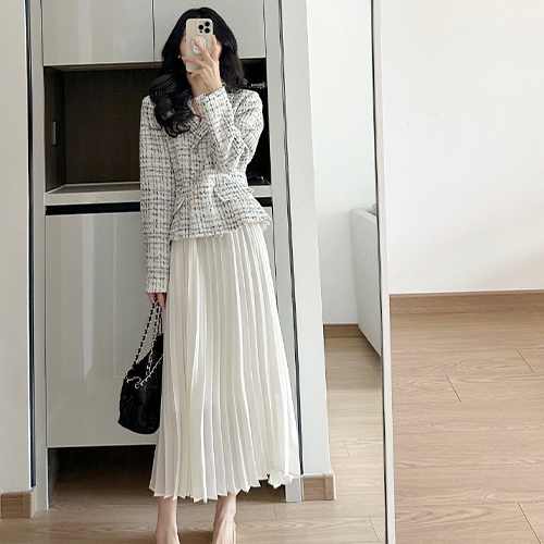 [당일발송] 진주 트위드 자켓+화이트 플리츠 스커트 2SET