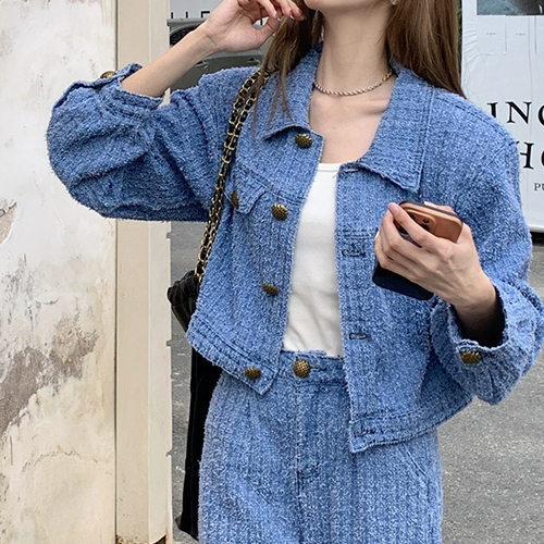 ◈[당일발송] 블루 트위드 크롭 자켓 롱 와이드 팬츠 세트