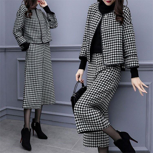 ◈[당일발송] 하운드 투스 모직 자켓+와이드 밴딩 팬츠 2SET