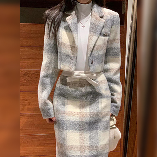 [당일발송]포근 체크 크롭 자켓+리본 스트랩 슬림 스커트 2SET
