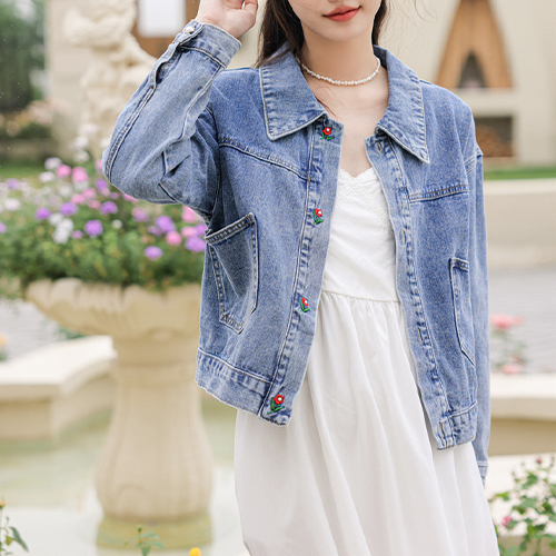 ◈[당일발송] 자수 플라워 카라 데님 자켓
