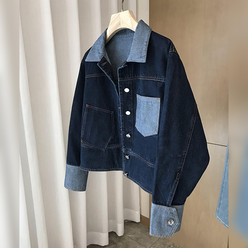 배색 포켓 루즈핏 데님 자켓