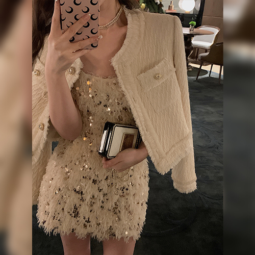 ◈[당일발송] 세련된 글리터 노카라 트위드 자켓