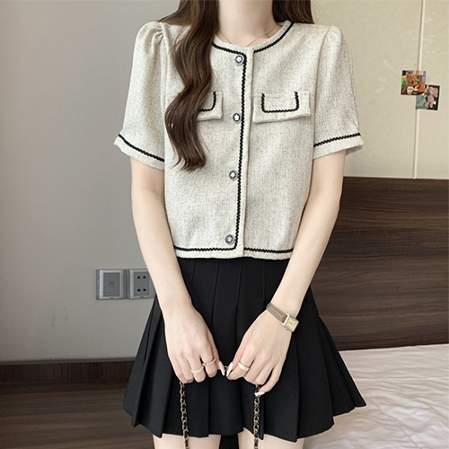 배색라인 트위드 반팔 자켓