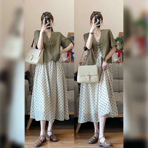 ◈[당일발송] 브이넥 반팔 자켓&클래식 도트 끈나시 원피스 2SET