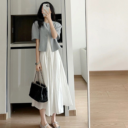 [당일발송]노카라 트위드 반팔 자켓&핀턱 슬림 민소매 원피스 2SET