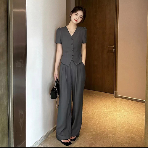 포멀 브이넥 퍼프 자켓&핀턱 와이드 슬랙스 2SET