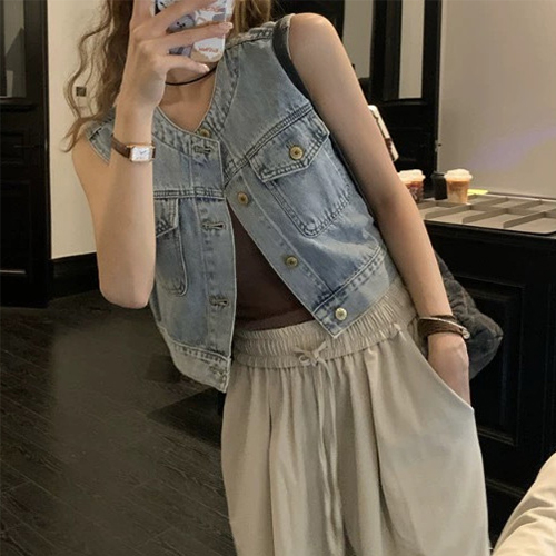 크롭 데님 조끼 베스트