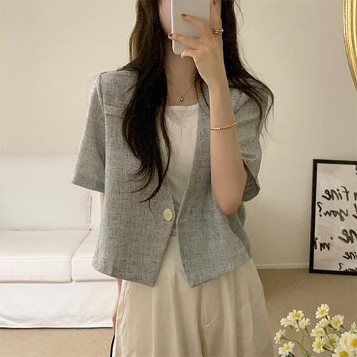 브이넥 노카라 원버튼 반팔 자켓