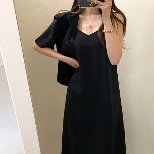 ◈[당일발송] 테일러드 반팔 자켓&브이넥 이너 나시 원피스 2SET